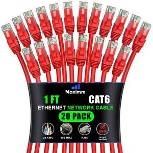 Maximm Cat 6 Ethernet Cable 1 ft (20-Pack) - High-Speed LAN Cable, Internet Cable, Patch Cable, and Network Cable - UTP, 10Gbps, 550MHz Ethernet Cord - Red