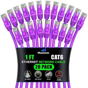 Maximm Cat 6 Ethernet Cable 1 ft (20-Pack) - High-Speed LAN Cable, Internet Cable, Patch Cable, and Network Cable - UTP, 10Gbps, 550MHz Ethernet Cord - Purple