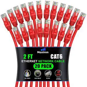 Maximm Cat 6 Ethernet Cable 2 ft (20-Pack) - High-Speed LAN Cable, Internet Cable, Patch Cable, and Network Cable - UTP, 10Gbps, 550MHz Ethernet Cord - Red