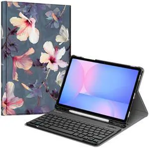 FINTIE Keyboard Case for Samsung Galaxy Tab S10 FE/ S9 FE 5G 10.9 Inch/Tab S9 11 Inch with S Pen Holder, Slim Stand Cover Detachable Wireless Bluetooth Keyboard, Blooming Hibiscus