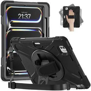 Batianda Case for iPad Pro 11-inch (2024) M4 Chip Model A2836 Heavy Duty Rugged Durability Silicone Tablet Cover with 360° Rotating Hand Strap Foldable Hidden Stand & Shoulder Strap, Black