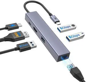 FORIDA USB C Hub, USB C Ethernet Multiport Adapter, 6 In 1 USB C to HDMI Dock Compatible for Macbook Pro Air, Chromebook, Dell XPS, HP and Type C Devices (Gigabit Ethernet 100W PD 4K60HZ HDMI USB 3.0)