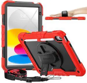 timecity for iPad (A16) 11th/ 10th Generation Case 11''/ 10.9 Inch (2025/2022) - Heavy Duty Protective Cover with Screen Protector, Stand, Shoulder Strap & Pencil Holder | Kids-Friendly - Red