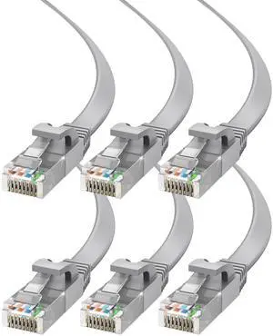 Cat6 Ethernet Cable 15ft, 6-Pack Gray - Flat High-Speed Network Cables for Gaming, Streaming, Router, Modem, PC, PS5, Xbox - Durable & Space-Saving Design