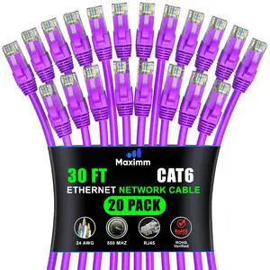 Maximm Cat 6 Ethernet Cable 30 ft (20-Pack) - High-Speed LAN Cable, Internet Cable, Patch Cable, and Network Cable - UTP, 10Gbps, 550MHz Ethernet Cord - Purple