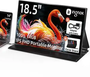 Ingnok Portable Monitor, 18.5 Inch FHD 1080P 100% sRGB Laptop Screen Extender USB C HDMI Portable Gaming Monitor w/Smart Cover & Speakers, External Monitor for Laptop Mac PC