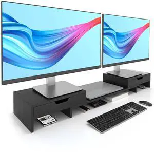 Epesoware Dual Monitor Riser with Two Drawers for Desk, Bamboo Monitor Stand Riser with Storage, Desk Shelf for Computer, IMac & Laptop, No Assembly Required, Black