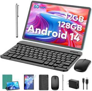 Android Tablet, 11 inch Android 14 Tablet with Keyboard, 12GB+128GB, 1TB Expand, 8000mAh, 5MP+13MP, 2.4G&5G WiFi, IPS Touch Screen, GMS Certified, 2 in 1 Tablets with Case, Mouse, Stylus(Green)