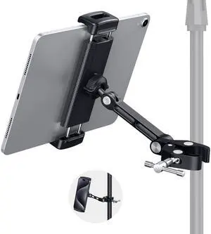 CreaDream Tablet Holder for Microphone Stand, Aluminum Mic Music Stand Holder Mount for Phone and iPad, Adjustable Tablet Holder Compatible with Devices from 4.7 to 13 inch Tablets & Smartphones