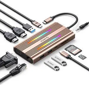 Docking Station USB C to Dual HDMI Adapter, ORICO 12 in 1 RGB USB C Hub with Dual HDMI, VGA, 100W PD, Ethernet, 4 USB Ports, SD/TF, Audio, 14 RGB Lighting Modes, Compatible for Windows/Mac OSGold