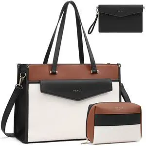 Keyli 3pc Sets Laptop Bag for Women, 15.6 Inch Lightweight Work Tote Bags Waterproof Leather Professional Computer Briefcase Shoulder Handbag Beige Crossbody Purses for Business, Office, Travel