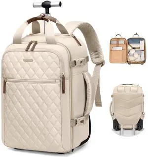 GOLF QUALITY Rolling Backpack for Women,Travel Laptop Backpack with Wheels Roller Personal Item Backpack Wheeled Underseat Carry On Luggage,Fit 17Inch,Apricot