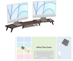 loukin 17.32"*9.84" Dual Monitor Stand Riser for Desk (Brown) | 32"x14" Erasable Dry Erase Desk Mat