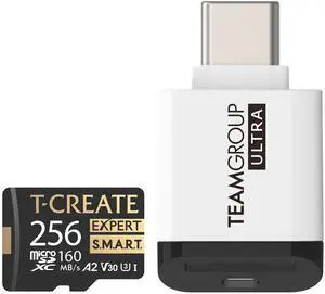TEAMGROUP T-Create Smart A2 256GB Micro SDXC U3 V30 Memory Card TTCS256GIA2V3003 Bundle with Ultra CR I MicroSD Memory Card Reader TWCRIW01