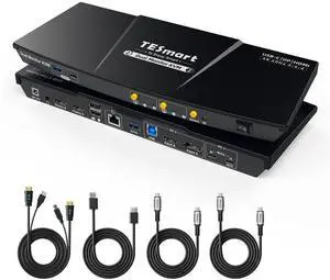 TESmart USB-C MST&EDID KVM Switch 2 Monitors 2 Computers HDMI+DisplayPort, USB 3.0 KVM Docking Station for Laptop&Desktop, 4K@60Hz, Gigabit Network, Hotkey Switch, Input Cables