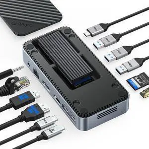 ORICO 12-in-1 USB C Hub with M.2 SSD Enclosure 10Gbps, Tool-Free USB C Docking Station with Built-in Fan, HDMI, DP, Gigabit Ethernet, 100W PD, SD/TF, Audio/Mic, USB A & Type C for Laptop Mac-M2P11