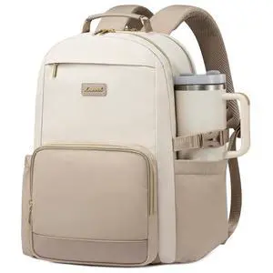LOVEVOOK Laptop Backpack for Women with Pouch Pocket for Large Capacity Cup,17 Inch Laptop Computer Bag Travel Backpack Purse,Waterproof Work Business Backpack College Teacher Bags,Beige-Khaki