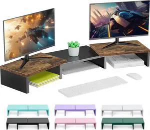 OUTIOE Dual Monitor Stand for Desk, Wooden Monitor Riser, Desk Shelf for Top of Desk, Computer Stand for Home and Office Use (Wood)