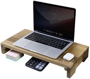 MyGift Premium Acacia Solid Wood Desk Monitor Stand, Laptop Riser & Keyboard Storage  Wooden Desktop Organizer for Screen Display and Workspace Organization
