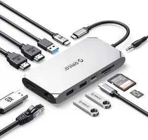 Docking Station USB C to Dual HDMI Adapter, ORICO 12 in 1 USB C Hub with Dual HDMI, DP 1.4, 100W PD, Ethernet, 2 USB-A 3.1, 1 USB 2.0, 1 Type-C 3.1, SD/TF, Audio, Compatible for Windows/Mac OSSilver