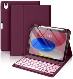 Hamile for iPad 11th 10th Generation Case with Keyboard - 7 Colors Backlit Wireless Detachable Folio Keyboard Cover with Pencil Holder for iPad A16 11-inch 2025 10th Gen 10.9 Inch 2022 (Dark Cherry)