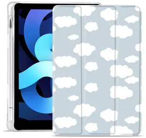 MAYCARI White Cloud Case for iPad 10.2 inch 2021/2020/2019 with Pencil Holder, Cute for iPad 9th/8th/7th Generation Protective Case with Soft TPU Back, Auto Sleep/Wake Cover Slim Shell