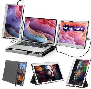 JoyReal Triple 14'' 1080P Portable Monitor for Laptop, 360 Rotation Desk Workstation with Multiple Laptop Stand & Kickstand Case for MacBook Windows Surface PS Switch