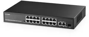 Binardat 19 Port POE Switch - 16 POE+ Ports (1000Mbps), 2 Gigabit Uplink, 1 SFP, IEEE802.3af/at, 300W Internal Power Supply, Metal Case Unmanaged Plug and Play