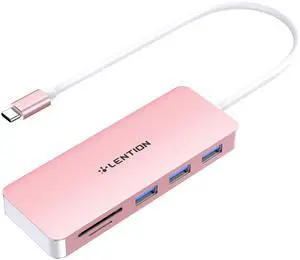 LENTION USB C Hub with 3 USB 3.0 & SD/Micro SD Card Reader Compatible 2023-2016 MacBook Pro, New Mac Air/iPad Pro/Surface, More, Stable Driver Certified Type C Adapter (CB-C15, Rose Gold)