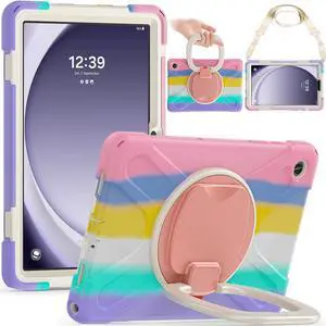 NINKI Compatible with Samsung Galaxy Tab A9 Plus Case with Kickstand, Camera Protection Shoulder Strap Hand Grip Silicone Case for Tab A9 Plus 11-inch 2023 Cases for Woman and Girl Colorful Pink