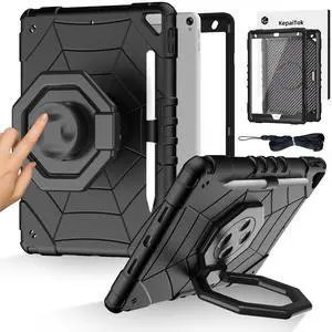 KepaiTok Case for iPad 9th/8th/7th Generation 10.2",360°Rotate Stand Cover with Screen Protector Pencil Holder, Kids Shockproof Case with Shoulder Strap for iPad 10.2 inch 2021/2020/2019 (Black)
