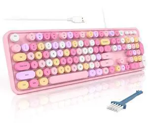 MOFII Wired Full Size USB Keyboard, Colorful Retro Round Typewriter Keyboard with Foldable Stands for Windows PC Laptop (Pale Pink)