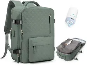 Travel Vacuum Storage Backpack with Air Pump Vacuum Seal Compression Space Saver Bags Clothing Vacpack Airback 18x14x8 inches Travel Bag Carry on Personal item Laptop Work Backpacks Women DarkGreen