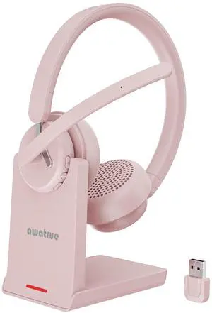 awatrue Wireless Headset with Mic, Bluetooth Headset with AI Noise Cancelling Microphone & Charging Base, 2.4GHz Wireless Headphones with USB Dongle for Computer/Remote Work/Call Center/ZoomPink