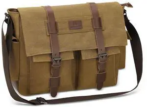 SUIKIHUM Canvas Crossbody Bag for Men and Women, Vintage Shoulder Bag with Multiple Pockets and Adjustable Strap, Fits 13 Inch Laptops, Coffee