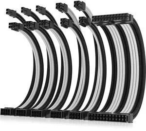 AsiaHorse Power Supply Sleeved Cable, 16AWG PSU Cables Internal Power Supplies Extension Cables 1x24Pin/2x4+4 EPS/3x6+2 PCI-E, 30cm Length with Comb (Dual EPS Black White)