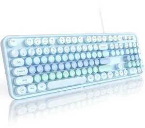 MOFII Keyboard Wired Large Print, Computer Keyboard Plug Play, Colorful Retro Round Typewriter Keyboard with Numeric Keypad and Media Hotkey for Windows PC Laptop (Pale Blue)