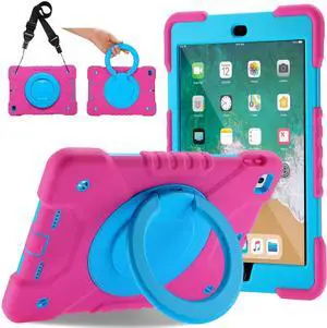 Andnary Case for iPad 6th/5th Generation 9.7 inch 2018/2017 Case, iPad Air 2/Pro 9.7 inch Heavy Duty Protective Cover with Pencil Holder, Shoulder Strap, 360 Rotate Handle Stand, Pink+Blue