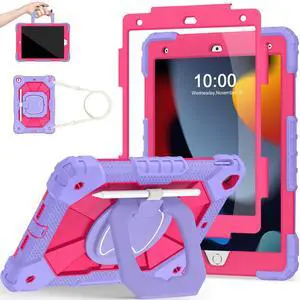 Scnioy Case for iPad 9th Generation iPad Case 9th 8th 7th Generation iPad 10.2 Inch iPad 9th Gen Cover with Screen Protector Pen Holder TabletCases for Kids 360° Rotating Stand, Purple Pink