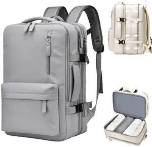 KEQIKAI Travel Laptop Backpack for Men Women, Expandable Carry on Backpack Airplane Approved, Large Waterproof 15.6" Daypack Backpacks with USB Charging Port for Trip College Hiking, Grey