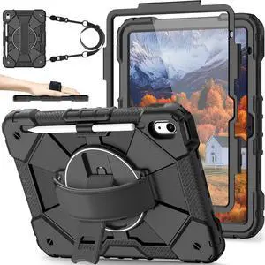 Nitupai Case for iPad 10th Generation 10.9 Inch 2022 / iPad A16 Case 11 Inch 2025 with Screen Protector 10th Gen Cover for Kids Pencil Holder 360° Rotating Stand Shoulder Strap, Black Black