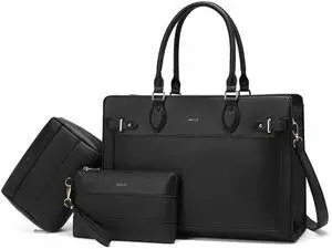 Keyli 3pc Sets Laptop Tote Bag for Women 15.6 Inch Work Bag Business Computer Briefcase Waterproof Leather Laptop Purses Casual Shoulder Handbag Messenger Bags for Travel Teacher Office Black