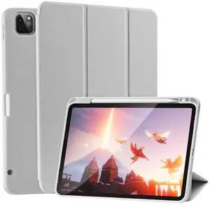 SIWENGDE Cases for iPad Pro 12.9 Case 6th/5th/4th Generation (2022/2021/2020) with Pencil Holder [Apple Pencil Wireless Charging] Soft TPU Smart Tri-fold Stand Protective Cover(Light Grey)
