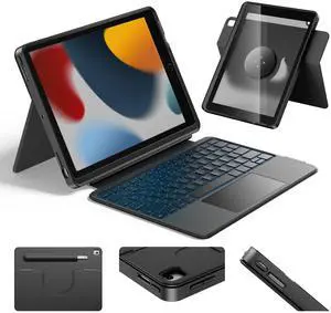 HOU iPad 9th Generation Case with Keyboard(8th/7th gen),iPad Air 3 & Pro 10.5" 360° Rotatable&Detachable Combo,Ultra-Silent Keys,7-Color Backlit,50H Battery,Lightweight Cover,Portrait/Landscape,Black