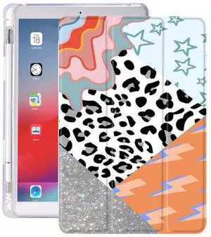 Idocolors Pad Case Leopard Patchwork Pattern White for iPad 7th/8th/9th Gen - 10.2 Inch Case 2019/2020/21 - Funny Star Anti-Scratch Shockproof with Pencil Holder Trifold Stand