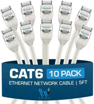 WIRE WAVE Cat6 Ethernet Cable (10-Pack - 5 Feet - White) - High Speed 24AWG Bump Boot, Cat6 RJ45 Internet LAN Patch, Network Cable. Computer Cord, Gaming