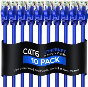 Maximm Cat 6 Ethernet Cable 4 Ft, 100% Pure Copper, Cat6 Cable (10 Pack) LAN Cable, Internet Cable, Patch Cable and Network Cable - UTP (Blue) 4 Feet