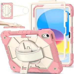 Nitupai Case for iPad 10th Generation 10.9 Inch 2022 / iPad A16 Case 11 Inch 2025 with Screen Protector 10th Gen Cover for Kids Pencil Holder 360° Rotating Stand Shoulder Strap, Rosegold