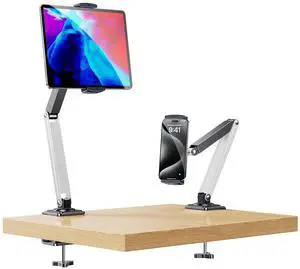 nediea Adjustable Tablet Stand for Desk & Bed, 360 Degree Rotation Tablet Arm Holder with Clamp Mount, Phone & Tablets Desk Mount for Office, Compatible with iPad & 4.7-12.9in Android Tablets (White)