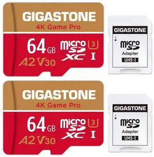 [5-Yrs Free Data Recovery] GIGASTONE 64GB Micro SD Card 2-Pack, 4K Game Pro, MicroSDXC Memory Card for Nintendo-Switch, GoPro, Security Camera, DJI, UHD Video, R/W up to 95/35MB/s, UHS-I U3 A2 V30 C10